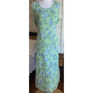 Vintage 90s Floral Tank Maxi Dress Woman XL Green Tie Back Cottagecore Classic